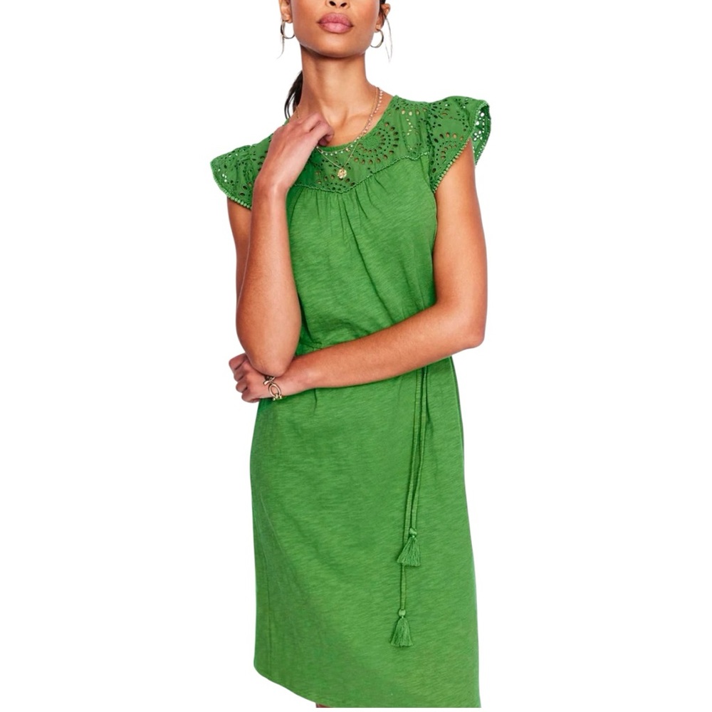 NWT Boden Juliet Broderie Green Knit Midi Dress Sz 14L Eyelet Fringe Belt